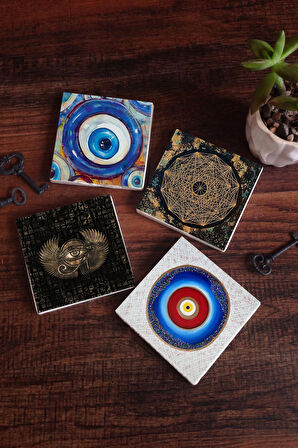 Nazar, Horus'un Gözü, Sri Yantra Taş Bardak Altlığı Masaüstü Koruyucu Altlık 4 Parça Set 10x10cm Stone Coasters