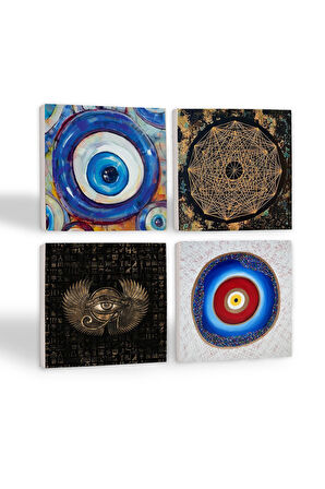 Nazar, Horus'un Gözü, Sri Yantra Taş Bardak Altlığı Masaüstü Koruyucu Altlık 4 Parça Set 10x10cm Stone Coasters