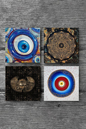 Nazar, Horus'un Gözü, Sri Yantra Taş Bardak Altlığı Masaüstü Koruyucu Altlık 4 Parça Set 10x10cm Stone Coasters