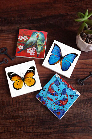 Kelebek, Kuş, Çini Sanatı Balık Taş Bardak Altlığı Masaüstü Koruyucu Altlık 4 Parça Set 10x10cm Stone Coasters