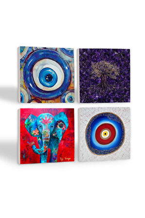 Nazar, Hayat Ağacı, Fil Taş Bardak Altlığı Masaüstü Koruyucu Altlık 4 Parça Set 10x10cm Stone Coasters