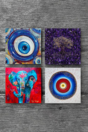 Nazar, Hayat Ağacı, Fil Taş Bardak Altlığı Masaüstü Koruyucu Altlık 4 Parça Set 10x10cm Stone Coasters