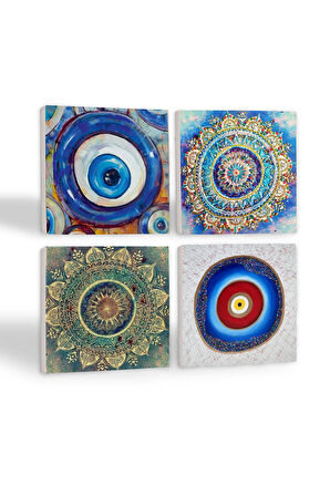 Nazar, Mandala Taş Bardak Altlığı Masaüstü Koruyucu Altlık 4 Parça Set 10x10cm Stone Coasters
