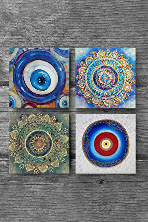 Nazar, Mandala Taş Bardak Altlığı Masaüstü Koruyucu Altlık 4 Parça Set 10x10cm Stone Coasters