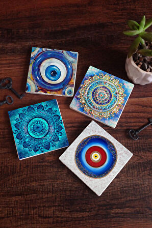 Nazar, Mandala Taş Bardak Altlığı Masaüstü Koruyucu Altlık 4 Parça Set 10x10cm Stone Coasters