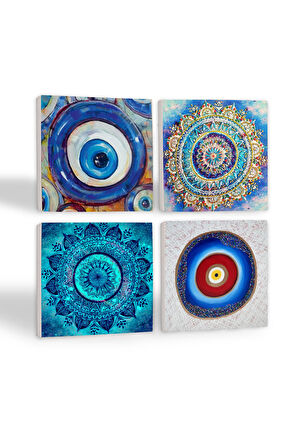 Nazar, Mandala Taş Bardak Altlığı Masaüstü Koruyucu Altlık 4 Parça Set 10x10cm Stone Coasters