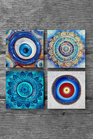 Nazar, Mandala Taş Bardak Altlığı Masaüstü Koruyucu Altlık 4 Parça Set 10x10cm Stone Coasters