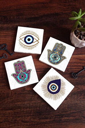 Nazar, Fatma Ana Eli (Hamsa) Taş Bardak Altlığı Masaüstü Koruyucu Altlık 4 Parça Set 10x10cm Stone Coasters