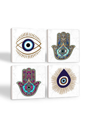 Nazar, Fatma Ana Eli (Hamsa) Taş Bardak Altlığı Masaüstü Koruyucu Altlık 4 Parça Set 10x10cm Stone Coasters