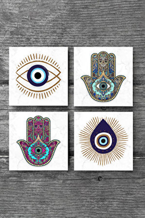 Nazar, Fatma Ana Eli (Hamsa) Taş Bardak Altlığı Masaüstü Koruyucu Altlık 4 Parça Set 10x10cm Stone Coasters