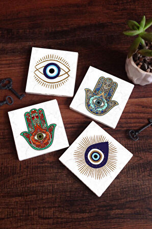Nazar, Fatma Ana Eli (Hamsa) Taş Bardak Altlığı Masaüstü Koruyucu Altlık 4 Parça Set 10x10cm Stone Coasters