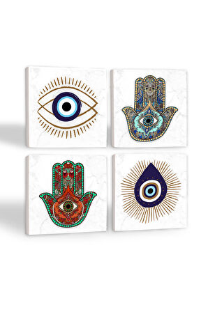 Nazar, Fatma Ana Eli (Hamsa) Taş Bardak Altlığı Masaüstü Koruyucu Altlık 4 Parça Set 10x10cm Stone Coasters
