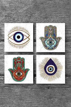 Nazar, Fatma Ana Eli (Hamsa) Taş Bardak Altlığı Masaüstü Koruyucu Altlık 4 Parça Set 10x10cm Stone Coasters