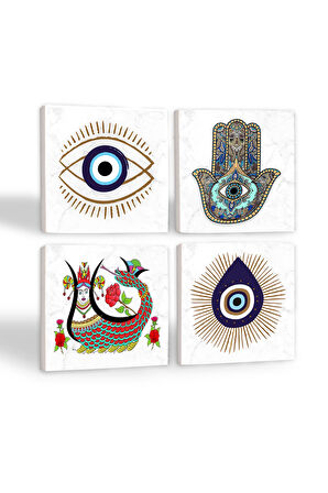Nazar, Şahmeran, Fatma Ana Eli (Hamsa) Taş Bardak Altlığı Masaüstü Koruyucu Altlık 4 Parça Set 10x10cm Stone Coasters