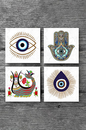 Nazar, Şahmeran, Fatma Ana Eli (Hamsa) Taş Bardak Altlığı Masaüstü Koruyucu Altlık 4 Parça Set 10x10cm Stone Coasters