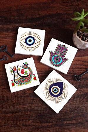 Nazar, Fatma Ana Eli (Hamsa), Şahmeran Taş Bardak Altlığı Masaüstü Koruyucu Altlık 4 Parça Set 10x10cm Stone Coasters
