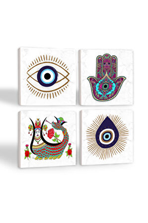 Nazar, Fatma Ana Eli (Hamsa), Şahmeran Taş Bardak Altlığı Masaüstü Koruyucu Altlık 4 Parça Set 10x10cm Stone Coasters