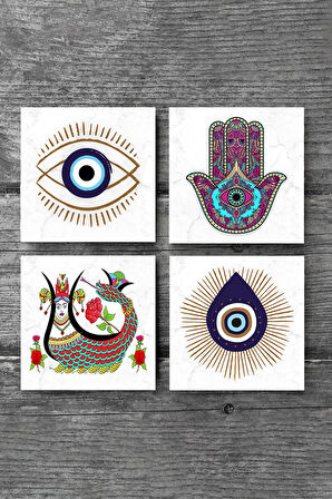 Nazar, Fatma Ana Eli (Hamsa), Şahmeran Taş Bardak Altlığı Masaüstü Koruyucu Altlık 4 Parça Set 10x10cm Stone Coasters