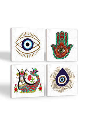 Nazar, Fatma Ana Eli (Hamsa), Şahmeran Taş Bardak Altlığı Masaüstü Koruyucu Altlık 4 Parça Set 10x10cm Stone Coasters