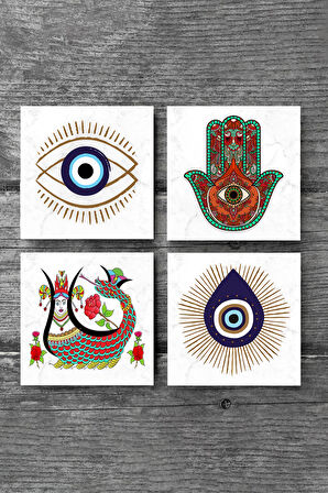 Nazar, Fatma Ana Eli (Hamsa), Şahmeran Taş Bardak Altlığı Masaüstü Koruyucu Altlık 4 Parça Set 10x10cm Stone Coasters