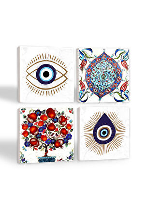 Nazar, Çini Sanatı, Nar Ağacı Taş Bardak Altlığı Masaüstü Koruyucu Altlık 4 Parça Set 10x10cm Stone Coasters