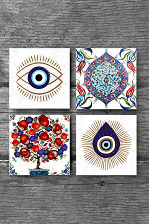 Nazar, Çini Sanatı, Nar Ağacı Taş Bardak Altlığı Masaüstü Koruyucu Altlık 4 Parça Set 10x10cm Stone Coasters