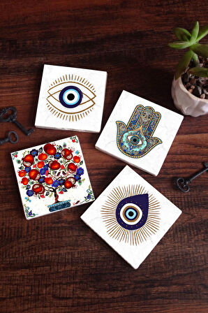 Nazar, Nar Ağacı, Fatma Ana Eli (Hamsa) Taş Bardak Altlığı Masaüstü Koruyucu Altlık 4 Parça Set 10x10cm Stone Coasters