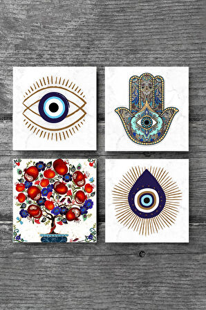 Nazar, Nar Ağacı, Fatma Ana Eli (Hamsa) Taş Bardak Altlığı Masaüstü Koruyucu Altlık 4 Parça Set 10x10cm Stone Coasters