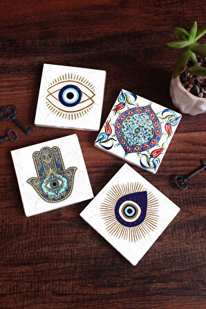 Nazar, Çini Sanatı, Fatma Ana Eli (Hamsa) Taş Bardak Altlığı Masaüstü Koruyucu Altlık 4 Parça Set 10x10cm Stone Coasters