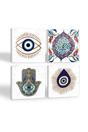 Nazar, Çini Sanatı, Fatma Ana Eli (Hamsa) Taş Bardak Altlığı Masaüstü Koruyucu Altlık 4 Parça Set 10x10cm Stone Coasters