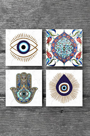 Nazar, Çini Sanatı, Fatma Ana Eli (Hamsa) Taş Bardak Altlığı Masaüstü Koruyucu Altlık 4 Parça Set 10x10cm Stone Coasters