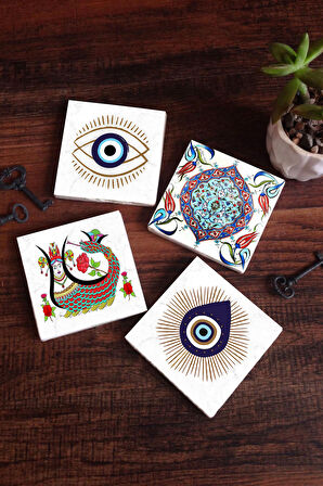 Nazar, Şahmeran, Çini Sanatı Taş Bardak Altlığı Masaüstü Koruyucu Altlık 4 Parça Set 10x10cm Stone Coasters