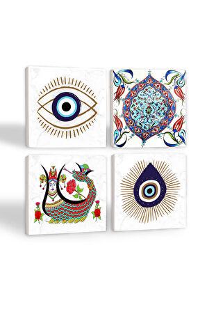 Nazar, Şahmeran, Çini Sanatı Taş Bardak Altlığı Masaüstü Koruyucu Altlık 4 Parça Set 10x10cm Stone Coasters