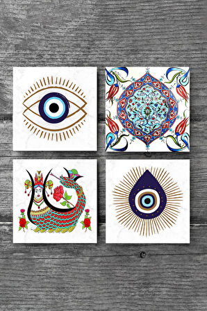 Nazar, Şahmeran, Çini Sanatı Taş Bardak Altlığı Masaüstü Koruyucu Altlık 4 Parça Set 10x10cm Stone Coasters