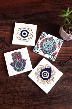 Nazar, Fatma Ana Eli (Hamsa), Çini Sanatı Taş Bardak Altlığı Masaüstü Koruyucu Altlık 4 Parça Set 10x10cm Stone Coasters