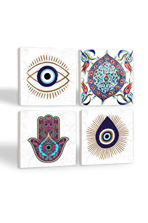 Nazar, Fatma Ana Eli (Hamsa), Çini Sanatı Taş Bardak Altlığı Masaüstü Koruyucu Altlık 4 Parça Set 10x10cm Stone Coasters
