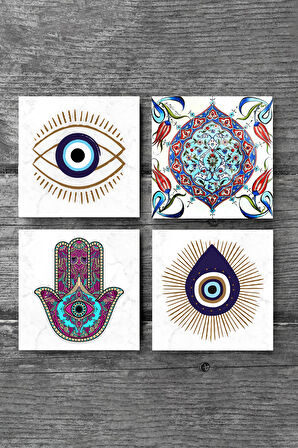 Nazar, Fatma Ana Eli (Hamsa), Çini Sanatı Taş Bardak Altlığı Masaüstü Koruyucu Altlık 4 Parça Set 10x10cm Stone Coasters