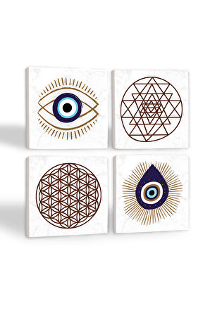 Nazar, Yaşam Çiçeği, Sri Yantra Taş Bardak Altlığı Masaüstü Koruyucu Altlık 4 Parça Set 10x10cm Stone Coasters