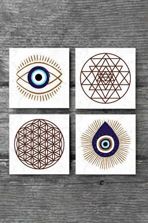 Nazar, Yaşam Çiçeği, Sri Yantra Taş Bardak Altlığı Masaüstü Koruyucu Altlık 4 Parça Set 10x10cm Stone Coasters