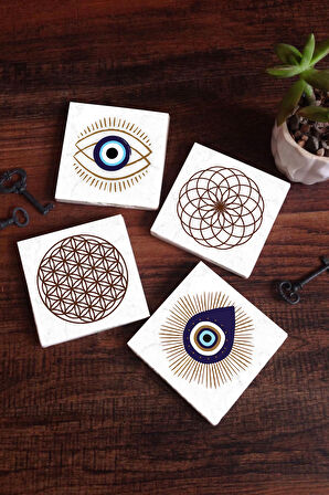 Nazar, Yaşam Çiçeği Taş Bardak Altlığı Masaüstü Koruyucu Altlık 4 Parça Set 10x10cm Stone Coasters