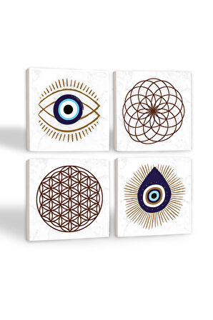 Nazar, Yaşam Çiçeği Taş Bardak Altlığı Masaüstü Koruyucu Altlık 4 Parça Set 10x10cm Stone Coasters