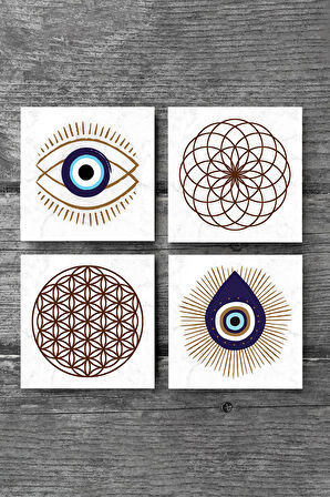 Nazar, Yaşam Çiçeği Taş Bardak Altlığı Masaüstü Koruyucu Altlık 4 Parça Set 10x10cm Stone Coasters