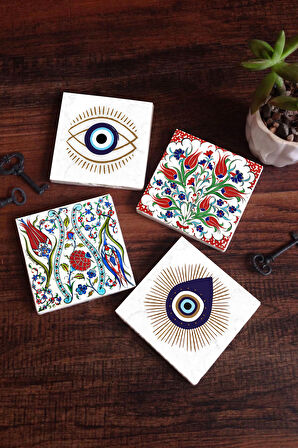 Nazar, Çini Sanatı Lale Taş Bardak Altlığı Masaüstü Koruyucu Altlık 4 Parça Set 10x10cm Stone Coasters