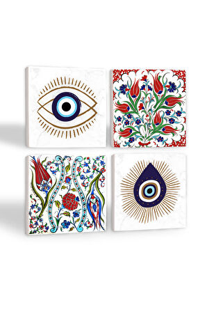 Nazar, Çini Sanatı Lale Taş Bardak Altlığı Masaüstü Koruyucu Altlık 4 Parça Set 10x10cm Stone Coasters