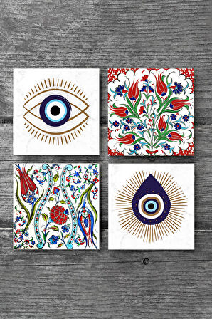 Nazar, Çini Sanatı Lale Taş Bardak Altlığı Masaüstü Koruyucu Altlık 4 Parça Set 10x10cm Stone Coasters