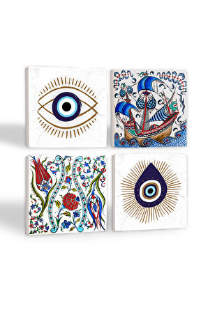 Nazar, Çini Sanatı Lale, Yelkenli Gemi Taş Bardak Altlığı Masaüstü Koruyucu Altlık 4 Parça Set 10x10cm Stone Coasters