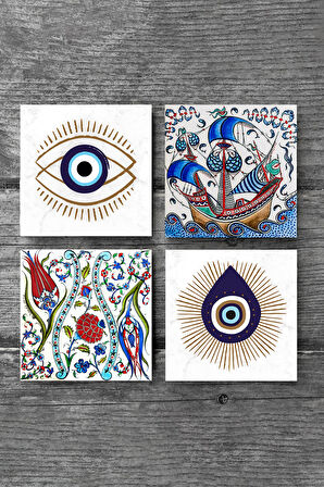 Nazar, Çini Sanatı Lale, Yelkenli Gemi Taş Bardak Altlığı Masaüstü Koruyucu Altlık 4 Parça Set 10x10cm Stone Coasters