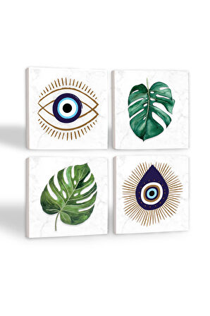 Nazar, Yaprak Taş Bardak Altlığı Masaüstü Koruyucu Altlık 4 Parça Set 10x10cm Stone Coasters