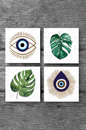 Nazar, Yaprak Taş Bardak Altlığı Masaüstü Koruyucu Altlık 4 Parça Set 10x10cm Stone Coasters