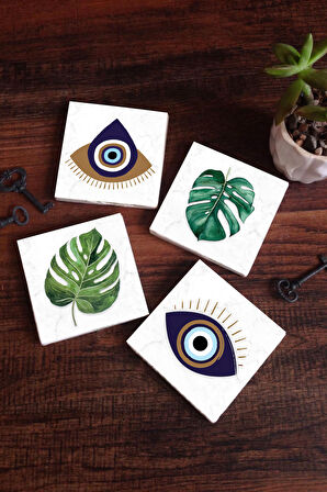 Nazar, Yaprak Taş Bardak Altlığı Masaüstü Koruyucu Altlık 4 Parça Set 10x10cm Stone Coasters